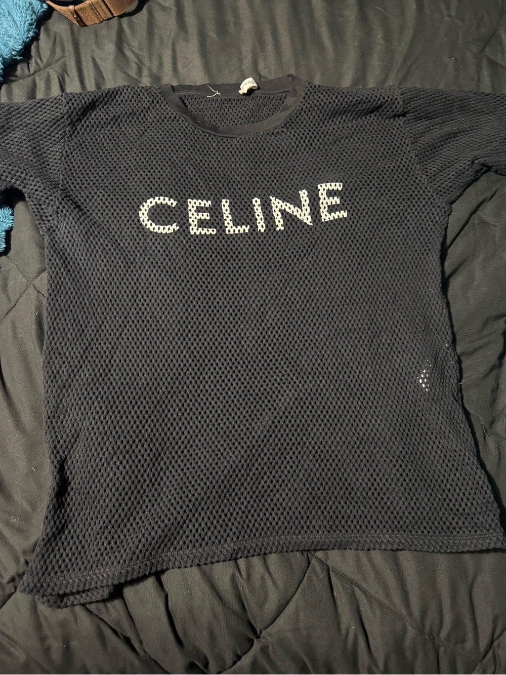 Celine Black Mesh Logo Tee with White Lettering